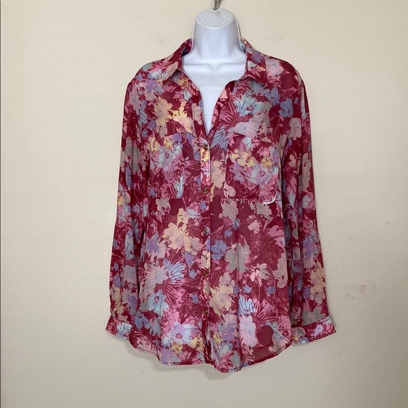 Pilcro Anthropologie Floral Women M Top blouse button down Red Pink fairy boho - Picture 1 of 7